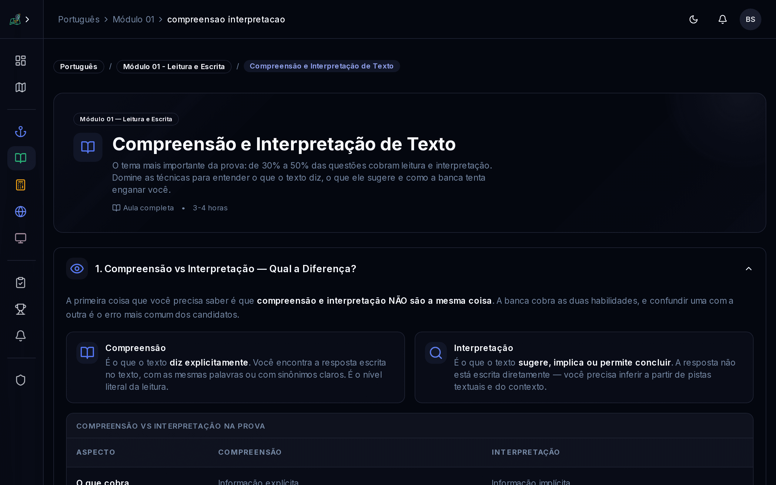 Aula interativa com componentes ricos de ensino