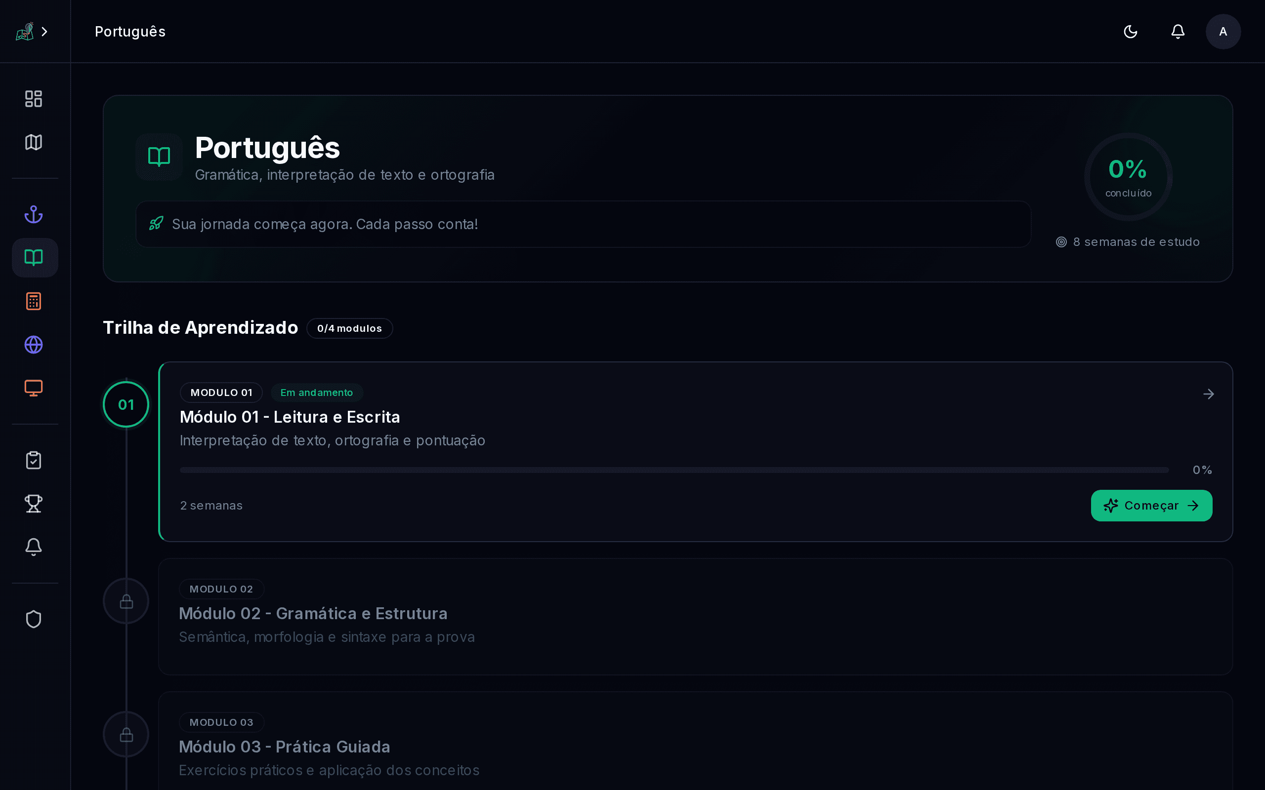 Página da matéria de Português com módulos e progresso