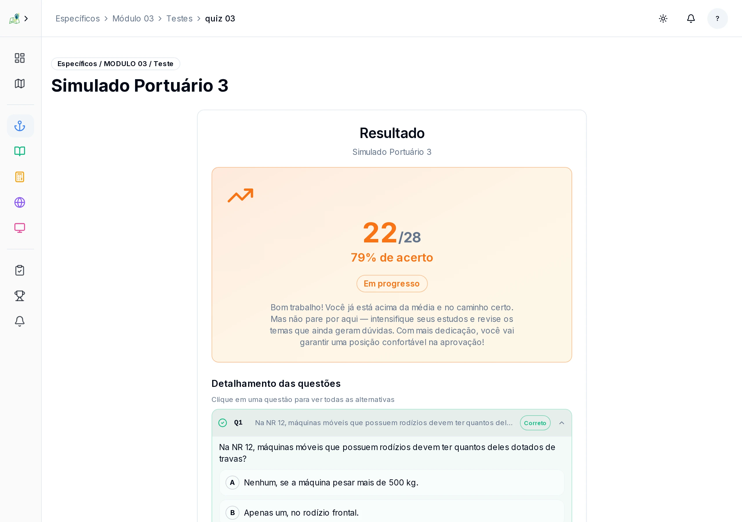 Resultado de teste com 22/28 acertos — 79% de acerto, com detalhamento completo de cada questão mostrando alternativa correta e explicação