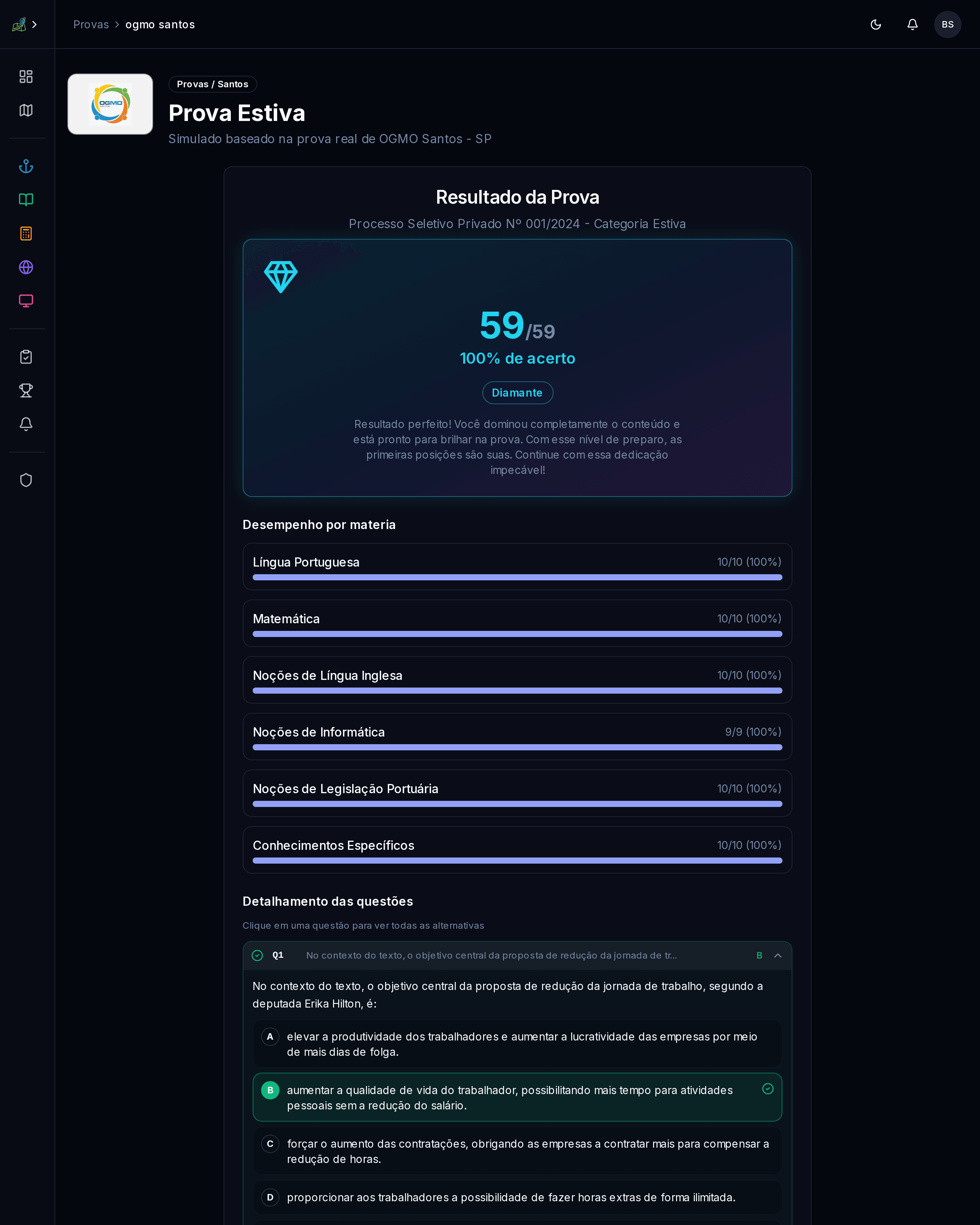Resultado da prova real com 59/59 acertos — 100% de acerto, classificação Diamante, com desempenho por matéria e explicação questão a questão