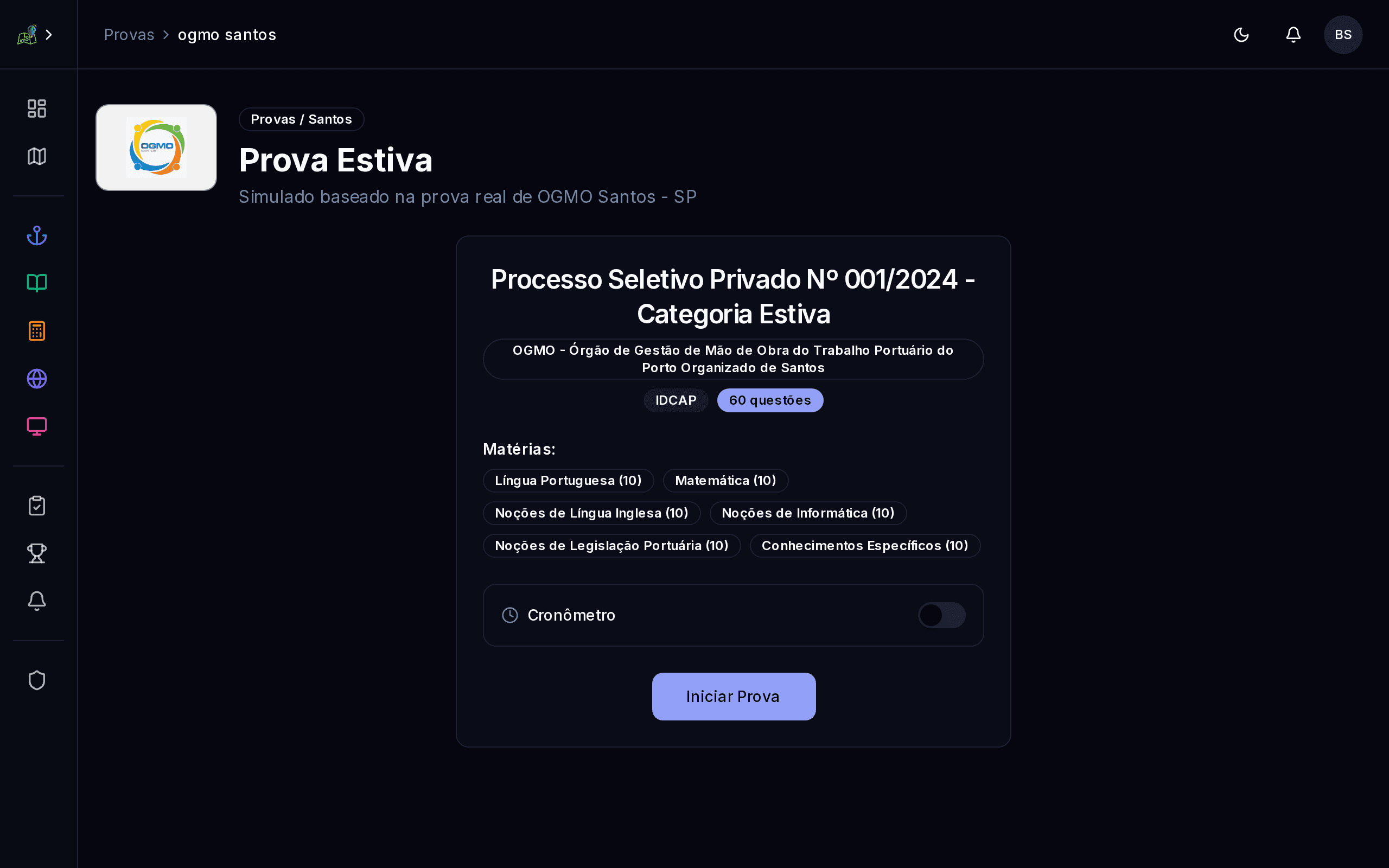 Simulado baseado na prova real de OGMO Santos — Processo Seletivo Privado Nº 001/2024 com 60 questões distribuídas por matéria