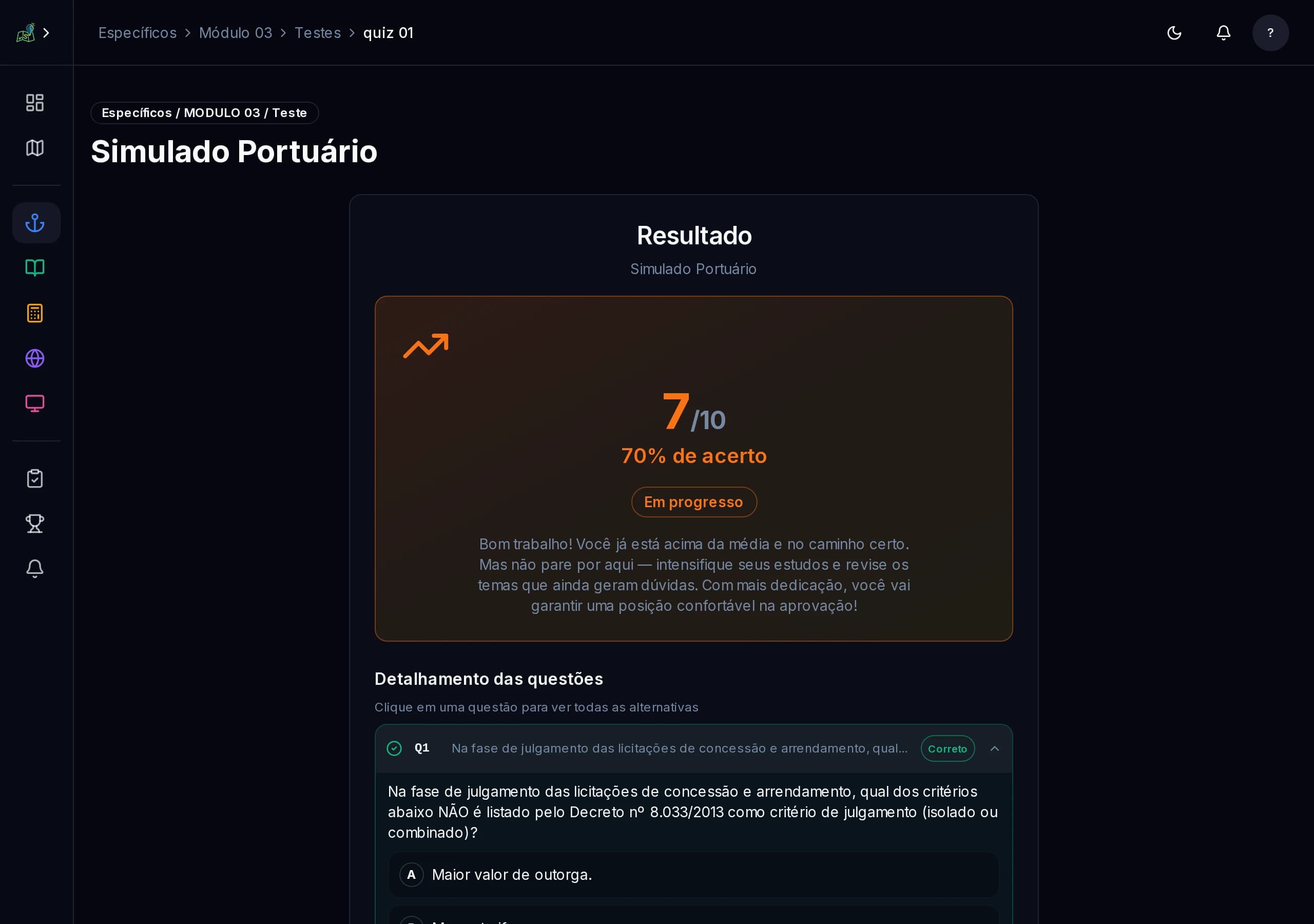 Resultado de teste com 70% de aproveitamento e explicação detalhada